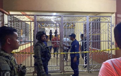 <p><strong>FOUR DIED HERE.</strong> Security forces guard the entrance to the Dimaporo gymnasium of the Mindanao State University in Marawi City, Lanao del Sur in this undated photo. On Sunday (Dec. 3, 2023), an improvised explosive device went off at about 7 a.m. during a Catholic Mass, resulting in the death of four and the wounding of about 50. <em>(Photo courtesy of Gov. Oaminal)</em></p>