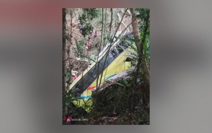 <p><strong>CASUALTY.</strong> A Ceres bus plunges into a ravine in Barangay Igbucagay, Hamtic, while on its way to northern Antique from Iloilo City on Tuesday (Dec. 5, 2023). An initial 25 passengers were reported dead based on the information from the Antique Provincial Disaster Risk Reduction and Management Office (PDRRMO). (<em>Photo courtesy of Galileo Magbanua</em>)</p>