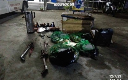<p><strong>ILLEGAL FISHING.</strong> The fishing paraphernalia confiscated by police and fish wardens from six persons allegedly caught illegally fishing in a marine protected area in Vallehermoso, Negros Oriental early Thursday (Dec. 7, 2023). The six will be charged with violation of the Philippine Fisheries Code of 1998. <em>(Photo courtesy of Negros Oriental Police Provincial Office)</em></p>