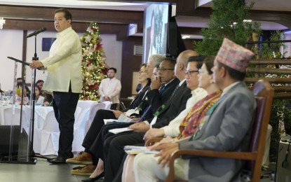 <p><strong>SUSTAINABLE DEV’T GOALS.</strong> Speaker Ferdinand Martin G. Romualdez (left) addresses the participants of the 4th Asia-Pacific Evaluation Association Conference at the House of Representatives on Thursday (Dec. 7, 2023). Romualdez said the path to achieving the United Nations Sustainable Development Goals is one where everyone must walk together to create a future where sustainable development is not a goal but a reality. <em>(Photo courtesy of House Speaker’s office)</em></p>