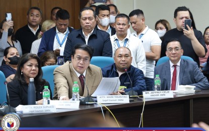 <p><strong>FREED.</strong> <span lang="en-PH">Sonshine Media Network International hosts Lorraine Badoy (left) and Jeffrey Celiz (3rd from left) appear before the House Committee on Legislative Franchises hearing into alleged fake news peddling on Dec. 5, 2023. They were detained at Batasang Pambansa for being disrespectful and untruthful but were ordered released Tuesday (Dec. 12). <em>(Photo courtesy of the House Press and Public Affairs) </em></span></p>