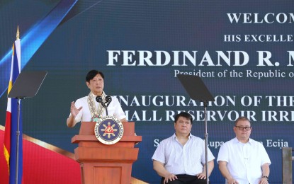 <p><strong>WATER SECURITY.</strong> President Ferdinand R. Marcos Jr. inaugurates the Balbalungao Small Reservoir Irrigation Project in a ceremony in Barangay San Isidro in Lupao, Nueva Ecija on Wednesday (Dec. 13, 2023). In his speech, Marcos said he ordered the completion of water-related projects by April 2024 in preparation for the impact of El Niño in the country. <em>(PNA photo by Joey Razon)</em></p>