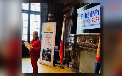 <p><strong>UNSC BID.</strong> Permanent Representative Evangelina Lourdes Bernas presents the Philippines’ United Nations Security Council candidacy for the term 2027-2028 during a reception for a select group of countries on Dec. 14, 2023 at the Park Hyatt Vienna. Bernas, in her remarks, said the country would further build partnerships for peace and sustainable development and would work to find "enduring solutions for overcoming common challenges through dialogue, consensus-building, and collaborative problem-solving.” <em>(Photo courtesy of the Permanent Mission of the Philippines in Vienna)</em></p>