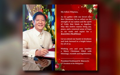 <p><strong>CHRISTMAS MESSAGE</strong>. President Ferdinand R. Marcos Jr. extends his heartfelt greeting to Filipinos this Christmas. In his message on Sunday (Dec. 24, 2023), the President reminded Filipinos to spread hope this holiday season. <em>(Photo courtesy of PCO)</em></p>