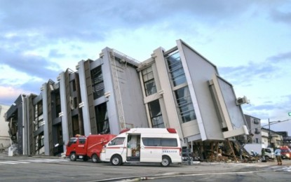 <p><strong>QUAKE DAMAGE.</strong> A collapsed building in Wajima City in Japan's Ishikawa Prefecture on Jan. 2, 2024. The DFA said no Filipino was among the eight reported casualties in the massive earthquake that stuck central Japan on New Year’s Day (Jan. 1). <em>(Kyodo photo)</em></p>