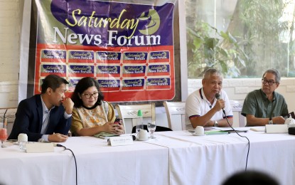 <p><strong>MODERNIZATION.</strong> Liga ng Transportasyon at Operators sa Pilipinas president Orlando Marquez Sr. (2nd from right) urges jeepney operators and drivers to support the government’s public utility vehicle modernization efforts, during the Saturday News Forum in Quezon City on Jan. 6, 2024. He said the public utility vehicle modernization program is the solution to the heavy traffic congestion in the country. <em>(PNA photo by Robert Oswald P. Alfiler)</em></p>