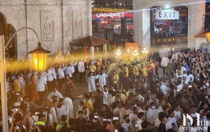 <p><strong>OPENING SALVO.</strong> The sacred image of the Sr. Sto. Niño enters the century-old Basilica in Cebu City after the penitential Walk with Jesus on Thursday dawn (Jan. 11, 2024), to mark the beginning of the 459th Fiesta Señor. Fr. Nelson Zerda, Augustinian friar and rector of the Basilica, cited the Cebuanos and visitors for their faithful devotion to the Sr. Sto. Niño during the first day of the nine-day Novena Masses leading to the fiesta Sunday on Jan. 11, 2023. <em>(Photo courtesy of Basilica Minore del Sto. Niño de Cebu)</em></p>