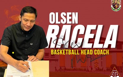 <p><strong>NEW COACH.</strong> Olcen Racela signs a contract as new Perpetual Altas head coach at the University of Perpetual Help’s Las Piñas campus on Thursday night (Jan. 11, 2023). Racela won many titles with San Miguel Beer in the Philippine Basketball Association. <em>(Photo from Perpetual Facebook page)</em></p>
