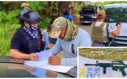 <p><strong>CORNERED.</strong> Suspected gunrunner “Datuan” (seated on the ground) is arrested after a buy-bust in Sultan Mastura, Maguindanao del Norte on Sunday (Jan. 14, 2024). Agents of the Criminal Investigation and Detection Group seized an M-16 rifle (inset) and bullets from the suspect. <em>(Photo courtesy of CIDG-BARMM)</em></p>