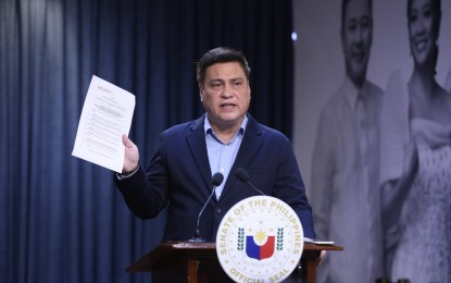 <p><strong>PROPOSED AMENDMENTS</strong>. Senate President Juan Miguel Zubiri filed on Monday (Jan. 15, 2024) a Resolution of Both Houses No. 6 that seeks to start the discussions on amending the economic provisions of the 1987 Constitution. Zubiri said this is the result of his meetings last week with House Speaker Martin Romualdez and President Ferdinand R. Marcos Jr. whom he said designated the Senate to lead the process. <em>(PNA photo by Avito Dalan) </em></p>