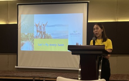 <p><strong>MORE AIRCRAFT.</strong> Carmina Romero, Cebu Pacific’s corporate communications director, assures Thursday (Jan. 18, 2024) that the airline will add more aircraft this year to address problems with offloading and flight cancellations. She says that from 76 aircraft, CEB will increase it to 91 at the end of 2024. <em>(PNA photo by Che Palicte)</em></p>