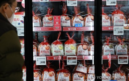 <p><strong>SOUGHT-AFTER.</strong> Packaged kimchi products are displayed at a supermarket in Seoul, Sourth Korea in this 2023 file photo. The popularity of Korean entertainment content resulted in a record-high export of 44,041 tons of the side dish last year.<em> (Yonhap)</em></p>