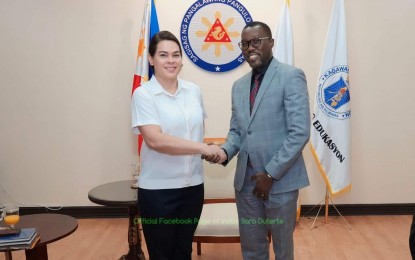 <p><strong>EDUCATION ENHANCEMENT</strong>. Vice President and Education Secretary Sara Z. Duterte (left) meets with Dr. Ndiamė Diop (right), World Bank Country Director for Brunei, Malaysia, Philippines and Thailand, on Oct. 23, 2023 to discuss the DepEd's MATATAG Agenda, and other projects such as the Teacher Effectiveness and Competencies Enhancement Project (TEACEAP), and the Infrastructure for Safer and Resilient Schools. Duterte thanked the World Bank for its support that would enhance teachers professional development and competency standards. <em>(Photo courtesy of the OVP) </em></p>