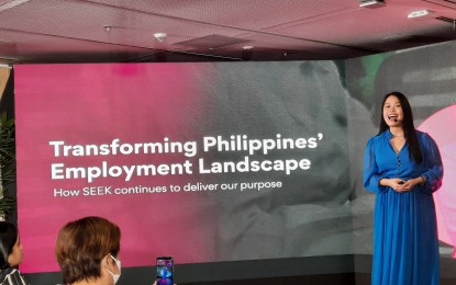 <p><strong>HYBRID WORK.</strong> Jobstreet by SEEK Philippines managing director Dannah Majarocon delivers her speech at the launch of Jobstreet by SEEK at Bonifacio Global City in Taguig City on Monday (Jan. 30, 2024). SEEK merges jobs marketplaces JobStreet and JobsDB in one online platform. <em>(PNA photo by Kris M. Crismundo)</em></p>