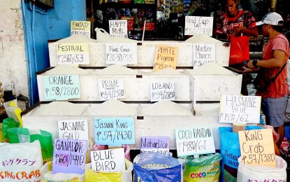 <p><strong>CHEAPER STAPLE.</strong> Different rice varieties are sold at a stall at the Blumentritt Market, Sta. Cruz, Manila in this Feb. 5, 2024 photo. The Agriculture department on Wednesday (March 13, 2024) said the price range of regular- and well-milled rice may drop at PHP45 to PHP48 per kilogram as the country's peak harvest season nears.<em> (PNA photo by Ben Briones)</em></p>