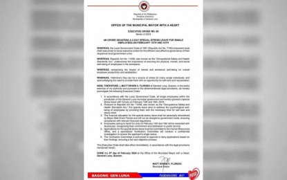 <p><strong>STRESS LEAVE</strong>. A copy of the executive order signed by Mayor Matt Erwin Florido of Gen. Luna, Quezon on Thursday (Feb. 8, 2024) granting a two-day leave to single employees to protect them from the emotional stress caused by Valentine's Day. Single employees who choose to show up for work on Feb. 15 and 16 will be paid double. <em>(Photo by Belinda Otordoz)</em></p>