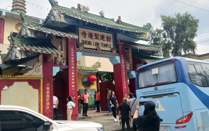 <p><strong>QC CHINATOWN</strong>. Gates of the Sheng Lian Temple in Banawe welcome visitors taking part in Quezon City's first ever heritage tour for its three-day Chinese New Year celebration, on Friday (Feb. 9, 2024). The QC government is promoting its Banawe Chinatown as a tourism hub, which QC Mayor Joy Belmonte said could be an alternative to Manila's Binondo. (<em>PNA photo by Marita Moaje)</em></p>