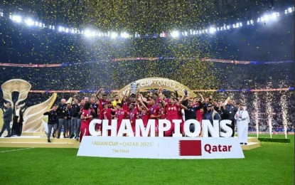 <p><strong>CHAMPION. </strong> Qatar retains its Asian Cup crown after beating Jordan in the finals at Doha's Lusail Stadium on Saturday (Feb. 10, 2024).  Qatar's forward Akram Afif was adjudged the winner of the Golden Boot for his eight goals during the AFC Asian Cup 2023.  <em>(Anadolu)</em></p>