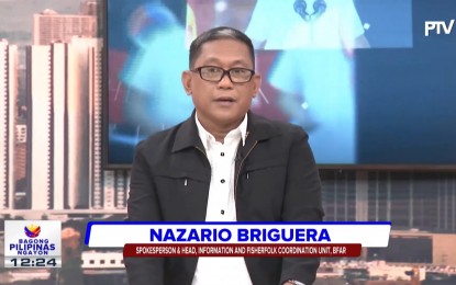 <p><strong>SUPPORT FOR FISHERFOLK</strong>. Bureau of Fisheries and Aquatic Resources spokesperson Nazario Briguera gives updates on plans to support Filipino fishers in the West Philippine Sea during a Bagong Pilipinas Ngayon interview on Monday (Feb. 12, 2024). He said more floating assets will be procured this year to improve delivery of assistance for fisherfolk. <em>(Screengrab)</em></p>