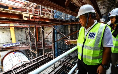 <p><strong>BREAKTHROUGH PROJECT.</strong> Department of Transportation (DOTr) Secretary Jaime Bautista inspects the lowered tunnel boring machine at the Metro Manila Subway Project North Avenue Station in Quezon City on March 7, 2024. During the House Appropriations Committee hearing for the DOTr’s 2025 budget on Wednesday (Aug. 28, 2024), Bautista highlighted the year-on-year obligated and disbursed budget of the DOTr for the first half of 2024 as "highly efficient" compared to 2023. <em>(PNA photo by Joan Bondoc)</em></p>