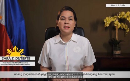 <p><strong>EQUAL OPPORTUNITIES</strong>. Vice President and Education Secretary Sara Duterte pushes for equal opportunities for all women and girls, as the country joins the celebration of International Women's Day, in a recorded video released Friday (March 8, 2024). She insisted that women must be protected from risks and challenges brought by insurgency and violence. <em>(Screengrab)</em></p>