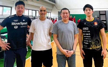 <p><strong>ADDT'L STAFF</strong>. Kurashiki Ablaze assistant coach Shota Sato (right) will be joining the University of the East women's volleyball team as head consultant. Kurashiki Ablaze, head coach Hideo Suzuki (from left), UE coaching staff member Obet Vital, and UE coach Jerry Yee, who was suspended for the remainder of the UAAP Season 86. <em>(UE photo) </em></p>