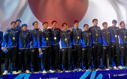 <p><strong>BEST.</strong> The Japan men's water polo team climb the podium after ruling the 11th Asian Age Group Championships undefeated at New Clark City Aquatics Center in Capas, Tarlac on Saturday (March 9, 2024). Japan beat Iran, 17-13, in the final. <em>(AAGC photo)</em></p>