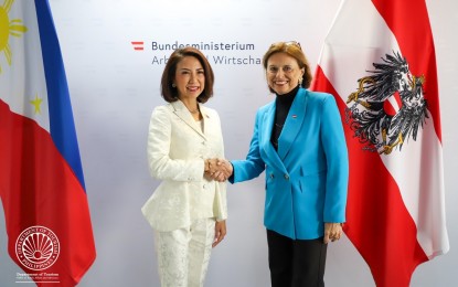 <p><strong>IMPROVING TOURISM RELATIONS.</strong> Tourism Secretary Christina Frasco and Austrian State Secretary for Tourism Susanne Kraus-Winkler shake hands during a meeting in Vienna, Austria on March 7, 2024. The Philippines is eyeing a tourism partnership with Austria to further increase the number of Austrian travelers to the country. <em>(Photo courtesy of DOT)</em></p>
