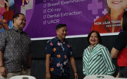 <p><strong>FREE HEALTH SERVICES.</strong> Senator Francis Tolentino (center) joins Pampanga Governor Dennis Pineda and Vice Governor Lilia Pineda at the opening of a medical mission in the province on Tuesday (March 12, 2024). The activity benefitted more than 2,200 female health volunteers. <em>(Contributed photo)</em></p>