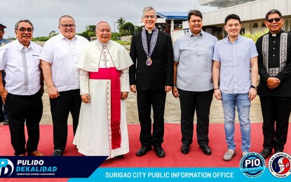 <p><strong>HOLY VISIT.</strong> Most. Rev. Charles John Brown, D.D. (center), the Apostolic Nuncio to the Philippines, arrives in Surigao City, Surigao City, Surigao del Norte on Tuesday (March 12, 2024). Brown graced the 25th Episcopal Anniversary of Most Rev. Antonieto Cabajog, D.D. (3rd from left), the Bishop of Surigao. <em>(Photo courtesy of Surigao-CIO)</em></p>
