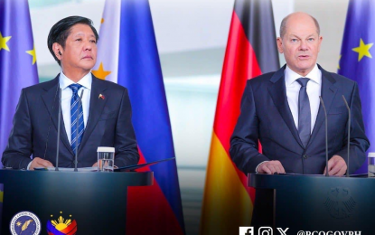 <p><strong>STRONGER TRADE TIES</strong>. Philippine President Ferdinand R. Marcos Jr. (left) and German Chancellor Olaf Scholz deliver their joint statement shortly after their bilateral meeting at the Federal Chancellery in Berlin, Germany on Tuesday (March 12, 2024). Marcos expressed optimism that the Philippines and Germany would have stronger and deeper trade and investment, labor, and maritime cooperation. <em>(PCO photo)</em></p>