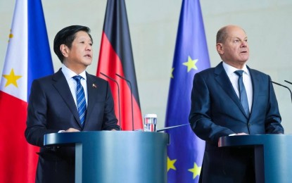 <p><strong>GERMANY VISIT.</strong> President Ferdinand R. Marcos Jr. (left) and German Chancellor Olaf Scholz answer queries from the media in a joint press conference in Berlin, Germany on Tuesday (March 12, 2024). Marcos stressed the importance of safe passage in the South China Sea, saying a free and open waterway benefits not just the Philippines but the whole world. <em>(PCO photo)</em></p>