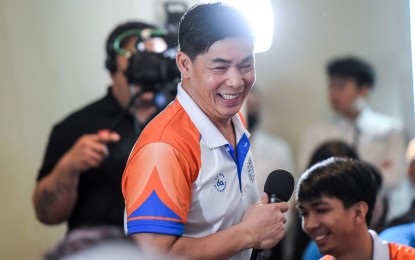 <p><strong>OPTIMISTIC</strong>. Criss Cross coach Tai Bundit during the Spikers' Turf Open Conference media launch at the Discovery Suites Ortigas on March 8, 2024. The Thai mentor vowed to help the King Crunchers win the title. <em>(PVL photo) </em></p>