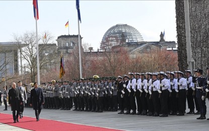 <p>German chancellor Olaf Scholz (L) welcomes Philippines President Ferdinand Romualdez Marcos Jr. (R) with an official ceremony in Berlin, Germany on March 12, 2024.<em> (Anadolu)</em></p>