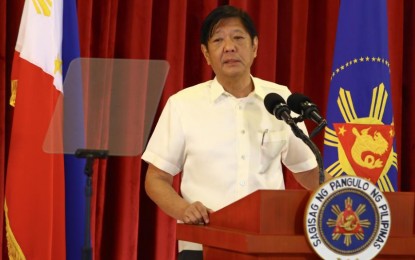 <p><strong>BACK HOME</strong>. President Ferdinand R. Marcos Jr. delivers his arrival speech at Villamor Air Base in Pasay City on Saturday (March 16, 2024) following his working visit to Berlin, Germany and state visit to Prague, Czech Republic. Marcos reported the outcomes of his successful back-to-back trips, including investment opportunities. <em>(PNA photo by Joan Bondoc)</em></p>