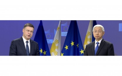 <p><strong>FTA NEGOTIATIONS</strong>. European Commission executive vice president Valdis Dombrovskis (left) and Department of Trade and Industry Secretary Alfredo Pascual in a press briefing in Brussels, Belgium on Monday (March 18, 2024). The officials announced the resumption of formal negotiations of the European Union-Philippines free trade agreement. <em>(Screenshot from EC Audiovisual Service Portal)</em></p>
