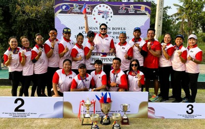 <p><strong>SECOND BEST</strong>. A group photo of Team Philippines taken during the awarding ceremony of the 15th Asian Lawn Bowls Championships in Pattaya, Thailand on March 10, 2024. The group is composed of (front row, left to right) Andrea Abatayo, Ronald Lising, James Andia, Elmer Abatayo and Angeleca Abatayo, (standing left to right) Sharon Hauters, Marisa Baronda, Ainie Knight, Leo Carreon Jr., Angelito Barro, coach Ronalyn Greenlees, manager Rosever Pascua, Philippine Lawn Bowls Association President Benito Pascual II, coach Chris Dagpin, Hommer Mercado, Rodel Labayo, Hazel Jagonoy, Rosita Bradborn and Sonia Bruce. <em>(Contributed photo)</em></p>
