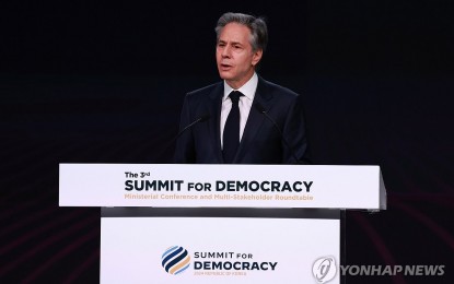 <p><strong>AI TALKS</strong>. U.S. Secretary of State Antony Blinken speaks during the ministerial session of the Summit for Democracy forum in Seoul on Monday (March 18, 2024). He underscored the importance of utilizing innovations in artificial intelligence and digital transformation to protect democratic principles against moves to undermine democracy. <em>(Yonhap)</em></p>