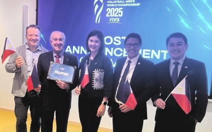 <p><strong>SUCCESSFUL BID.</strong> The Philippines wins the hosting of the 2025 FIVB Men's World Championship during the official awarding ceremony held at the FIVB headquarters in Lausanne, Switzerland on Wednesday (March 20, 2024). In attendance were (from left) Volleyball World CEO Finn Taylor, FIVB president Dr. Ary Graça, Senator Pia Cayetano, Philippine National Volleyball Federation president Ramon Suzara, and Philippine Ambassador to Switzerland Bernard Faustino Dy. <em>(Contributed photo)</em></p>