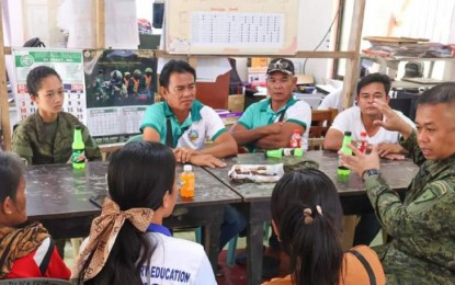 <p><strong>REACHING OUT.</strong> Lt. Col. Arnel Calaoagan (right), commander of the Philippine Army’s 79th Infantry Battalion, meets with the members of the Caramihan family and officials of Barangay Pinapugasan, Escalante City in Negros Occidental, after the series of armed encounters in the village last month. On Wednesday (March 20, 2024), Capt. Dan Carlo Samoza, civil-military operations officer of 79IB, said they have ongoing assistance to the family and will assist them in securing various forms of assistance, such as educational scholarships for all the children. <em>(Photo courtesy of 79th Infantry Battalion, Philippine Army)</em></p>