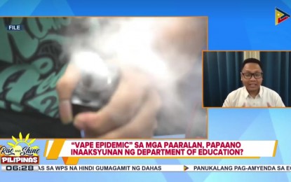 <p><strong>VAPING BAN</strong>. Department of Education Assistant Secretary Dexter Galban reports an intensified campaign against the selling, promotion, and use of vaping products inside school premises and within a 100-meter radius, in an interview on the People's Television Network on Thursday (March 21, 2024). He said the DepEd will collaborate with other agencies for a stricted compliance with the ban.<em> (Screengrab)</em></p>