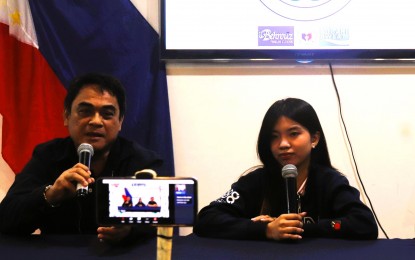 <p><strong>HOPEFUL.</strong> Table tennis player Kheith Rhynne Cruz (right) talks about her preparation to qualify for the Paris Olympics during the Tabloids Organization in Philippine Sports, Inc.'s Usapang Sports forum at the Philippine Sports Commission (PSC) Conference Room inside the Rizal Memorial Sports Complex, Manila on Thursday (March 21, 2024). The 17-year-old will join Paris Olympics qualifiers Europe Open in Czechia in April and Asian Championships in Thailand in May. <em>(TOPS photo) </em></p>