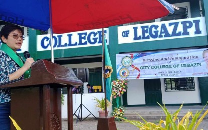 <p style="text-align: left;"><strong>ACCREDITATION</strong>. Legazpi City Mayor Geraldine Rosal gives her message during the blessing and inauguration of the City College of Legazpi (CCL) on March 20, 2024. The newly opened community college has been allowed by the Technical Education and Skills Development Authority (TESDA) to offer a technical and vocational education and training (TVET) program on crop production. <em>(Photo courtesy of Jun Arganda)</em></p>