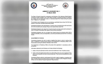 <p><strong>AMNESTY.</strong> The Department of Migrant Workers Migrant Office in Kuwait issued Amnesty Advisory No. 1 on March 21, 2024 to inform Filipino workers who wish to avail of the Kuwaiti government's amnesty program. The DMW on Tuesday (March 26) said it will also help in the repatriation of OFWs who want to go home instead. <em>(Photo courtesy of MWO-Kuwait Facebook)</em></p>