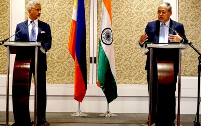 <p><strong>MARITIME COOPERATION</strong>. Foreign Affairs Secretary Enrique Manalo (right) and visiting Indian Foreign Minister Subrahmanyan Jaishankar hold a joint press conference after their bilateral meeting at the Sofitel Hotel in Pasay City on Tuesday (March 26, 2024). The Philippines and India have agreed to accelerate maritime cooperation. <em>(PNA photo by Ben Briones)</em></p>