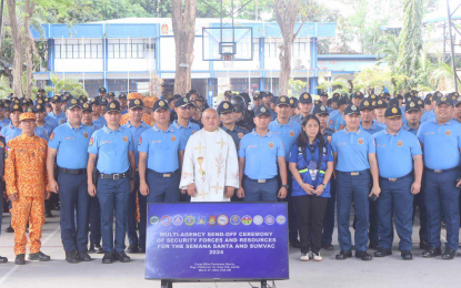 <p><strong>HOLY WEEK SECURITY.</strong> A small portion of the joint forces that will be providing security in Calabarzon during Holy Week 2024 is seen here during their send-off ceremony on Wednesday (March 27, 2024). The group is composed of policemen, firefighters, and soldiers.<em> (Photo courtesy of PRO4A)</em></p>