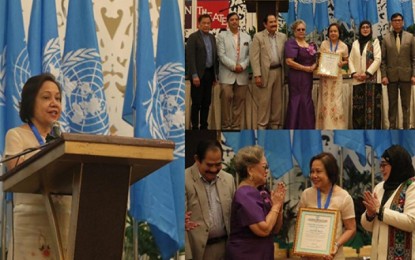 <p><strong>UNAP AWARDEE</strong>. Senator Cynthia Villar (right photo) receives Human Rights Awards for Poverty Alleviation from United Nations Association of the Philippines (UNAP) in a ceremony held at the Manila Hotel on Tuesday (March 6, 2024). In her acceptance speech, Villar thanked UNAP for recognizing her initiatives in poverty eradication and biodiversity. <em>(Senate PRIB photo)</em></p>