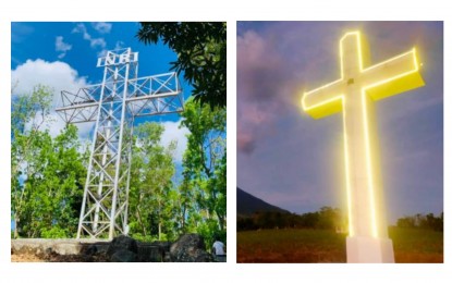 <p><strong>FAITH-BASED SITES.</strong> The 45-foot steel cross at the Glory Hill (left) in Barangay Mansablay, Isabela, Negros Occidental on Thursday (March 28, 2024). In the adjacent La Castellana, a 40-foot Holy Cross (right) can be visited at the Mandayao Panorama View Park in Barangay Mansalanao. <em>(Photos courtesy of Isabela and La Castellana, Negros Occidental LGUs)</em></p>