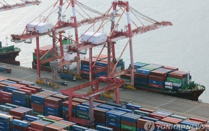 <p>Shipping containers at a pier in the southeastern port city of Busan in South Korea on Jan. 1, 2024. <em>(Photo from Yonhap)  </em></p>