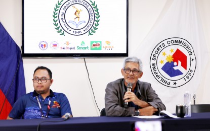 <p><strong>INDIGENOUS PEOPLES GAMES.</strong> Philippine Sports Commissioner Fritz Gaston (right) discusses the Indigenous Peoples Games during the Philippine Sportswriters Association Forum at the Rizal Memorial Sports Complex in Manila on Tuesday (April 2, 2024). Gaston, joined by his executive assistant Elias Samorin, announced that the IP Games will kick off with the Luzon leg in Salcedo, Ilocos Sur on April 19. <em>(PNA photo by Jess Escaros)</em></p>